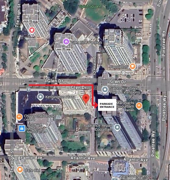 高贵林市中心地图，显示我们位于格伦大道 2992 号的办公室，红色箭头沿格伦大道指向停车场入口
